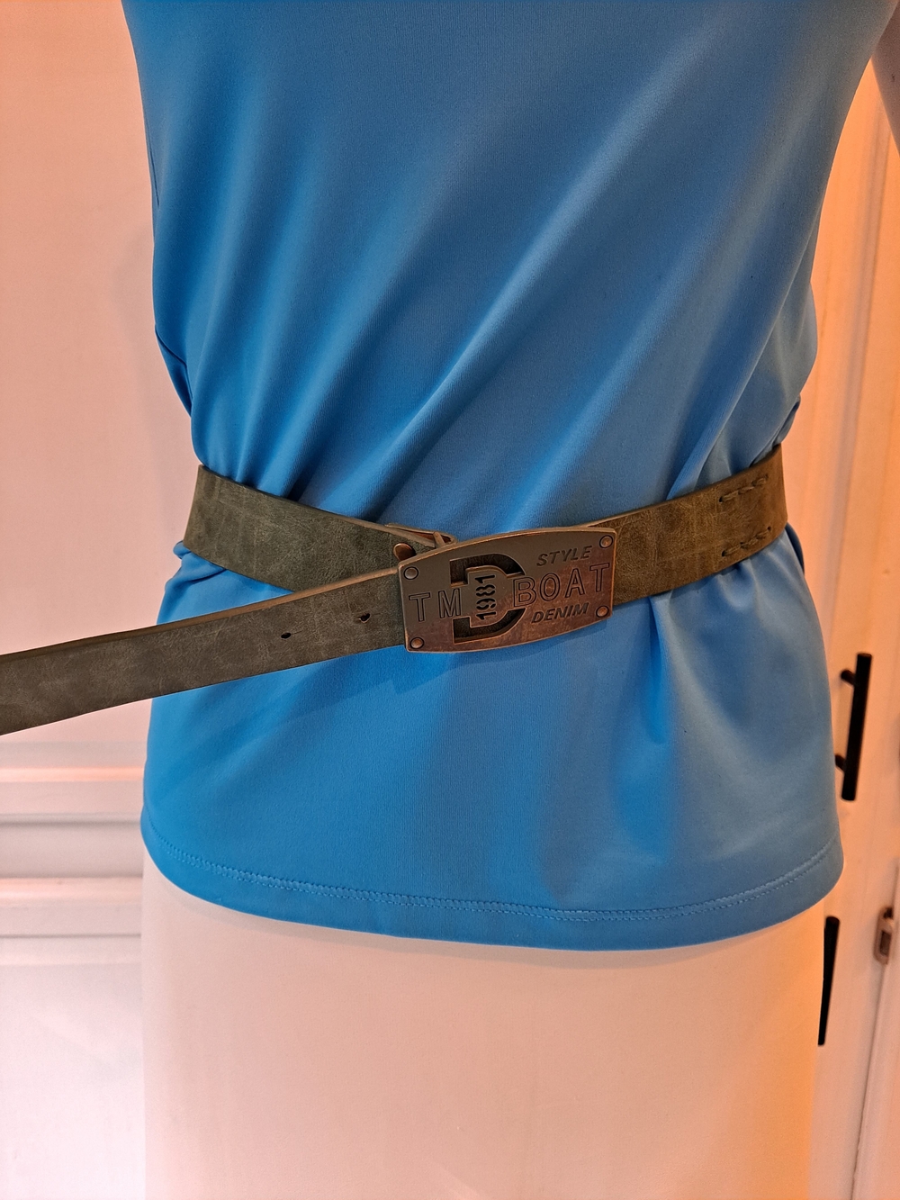 TM 1981 Boat Style Denim Distressed Olive Green Leather-like Belt Metal Buckle